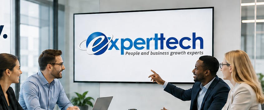 Experttech consultants presenting to a client team in a boardroom