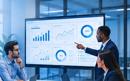 Experttech team reviewing performance dashboards with a client